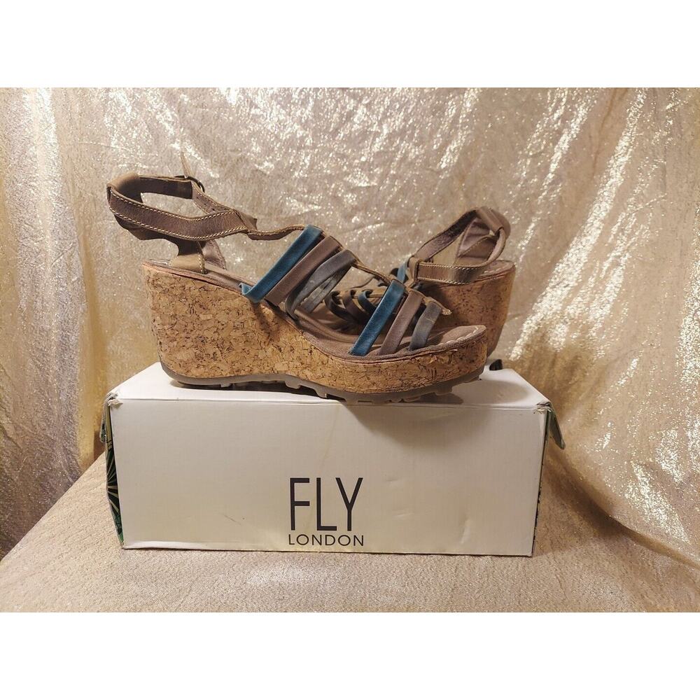 Fly London Women's Blue and Brown Wedge Sandals